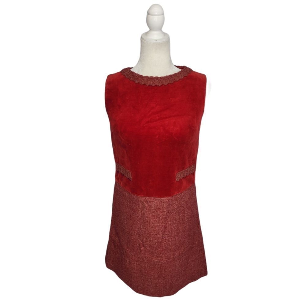 VINTAGE 60s velvet and tweed sleeveless red shift dress S